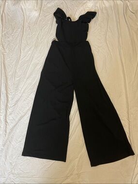 Black Wide-Leg Open Back Jumpsuit with Ruffle Straps